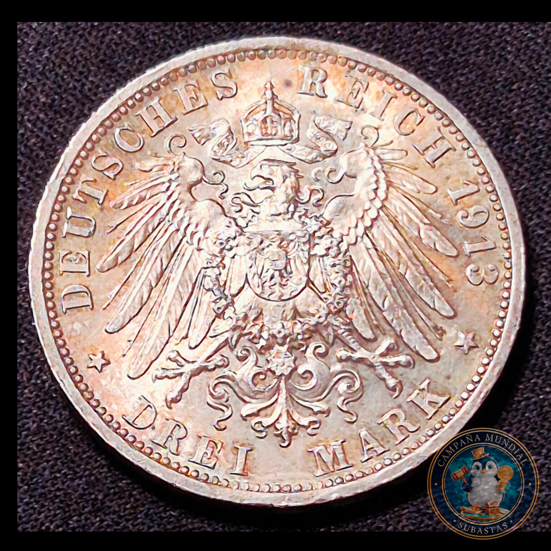 B203 .- MONEDA DE TRES (3) MARCOS IMPERIO ALEMAN AÑO: 1913 LEY: 0.9 Gr. 16.7  EMISIÓN: 15.000 (ESCASA)   ALEMANIA
