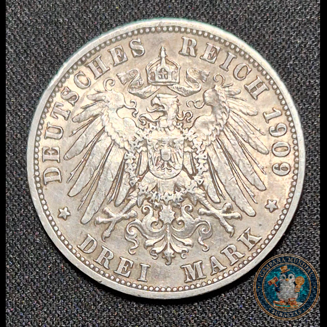 B204 .- MONEDA DE TRES (3) MARCOS IMPERIO ALEMAN AÑO: 1909  LEY: 0.9      ALEMANIA