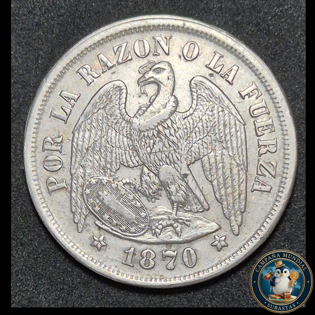 A1001 MONEDA DE UN PESO (DENOMINADO AGUILA) , AÑO 1870   XF-  CHILE