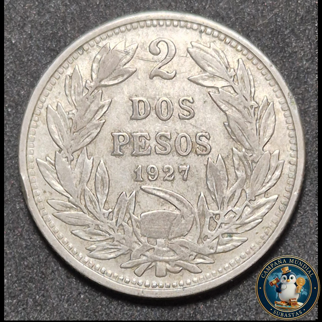 A1002 MONEDA DE DOS PESOS , AÑO 1927   VF+  CHILE