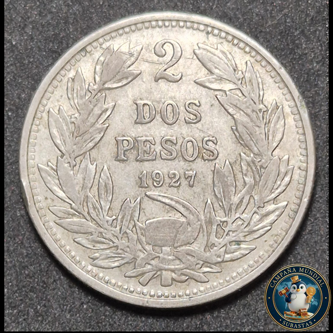 A1002 MONEDA DE DOS PESOS , AÑO 1927   VF+  CHILE