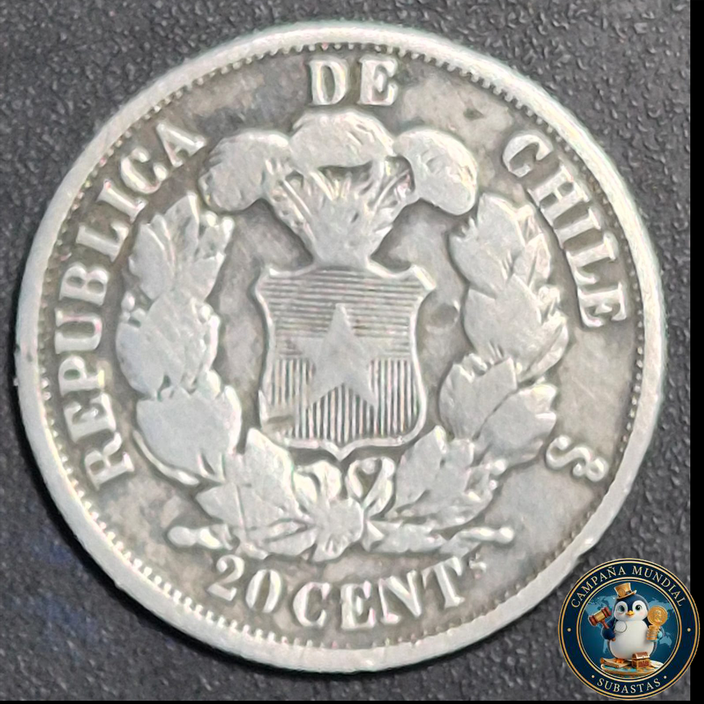 A1004 MONEDA DE VEINTE(20) CENTAVOS (DENOMINADO PECHUGÓN), AÑO 1866   VF  CHILE
