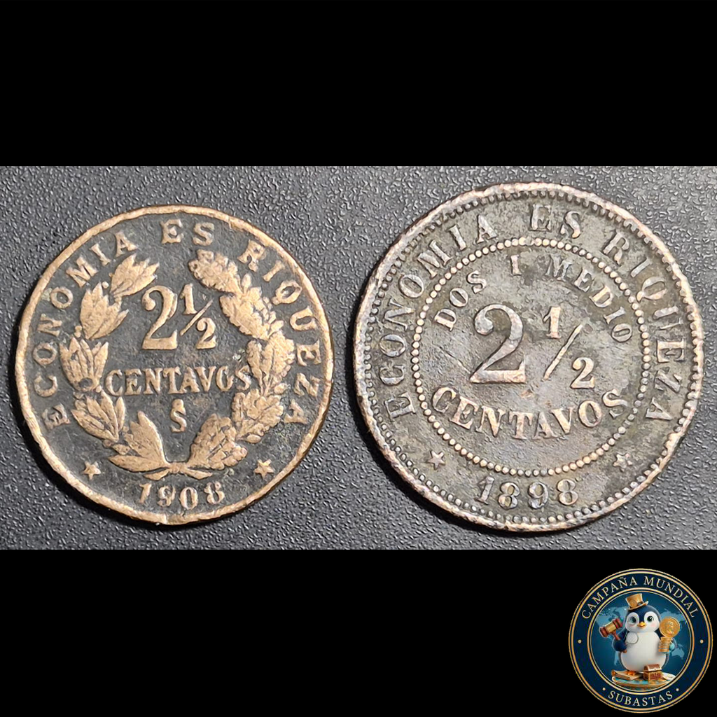 A1006 2x MONEDAS DE DOS y MEDIO CENTAVOS DE LOS AÑOS 1908 y 1898   VF/VF+     CHILE