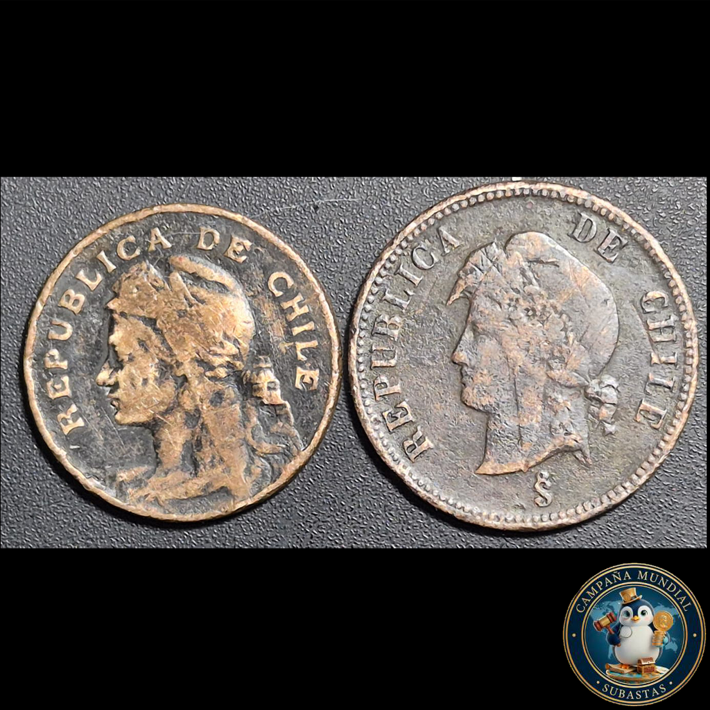 A1006 2x MONEDAS DE DOS y MEDIO CENTAVOS DE LOS AÑOS 1908 y 1898   VF/VF+     CHILE