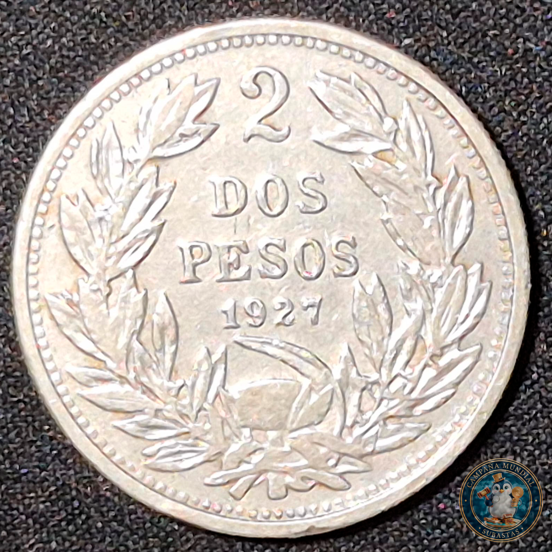 A100 .- MONEDA DE 2 PESOS. AÑO: 1927  17.9GR LEY: 05 XF+   CHILE