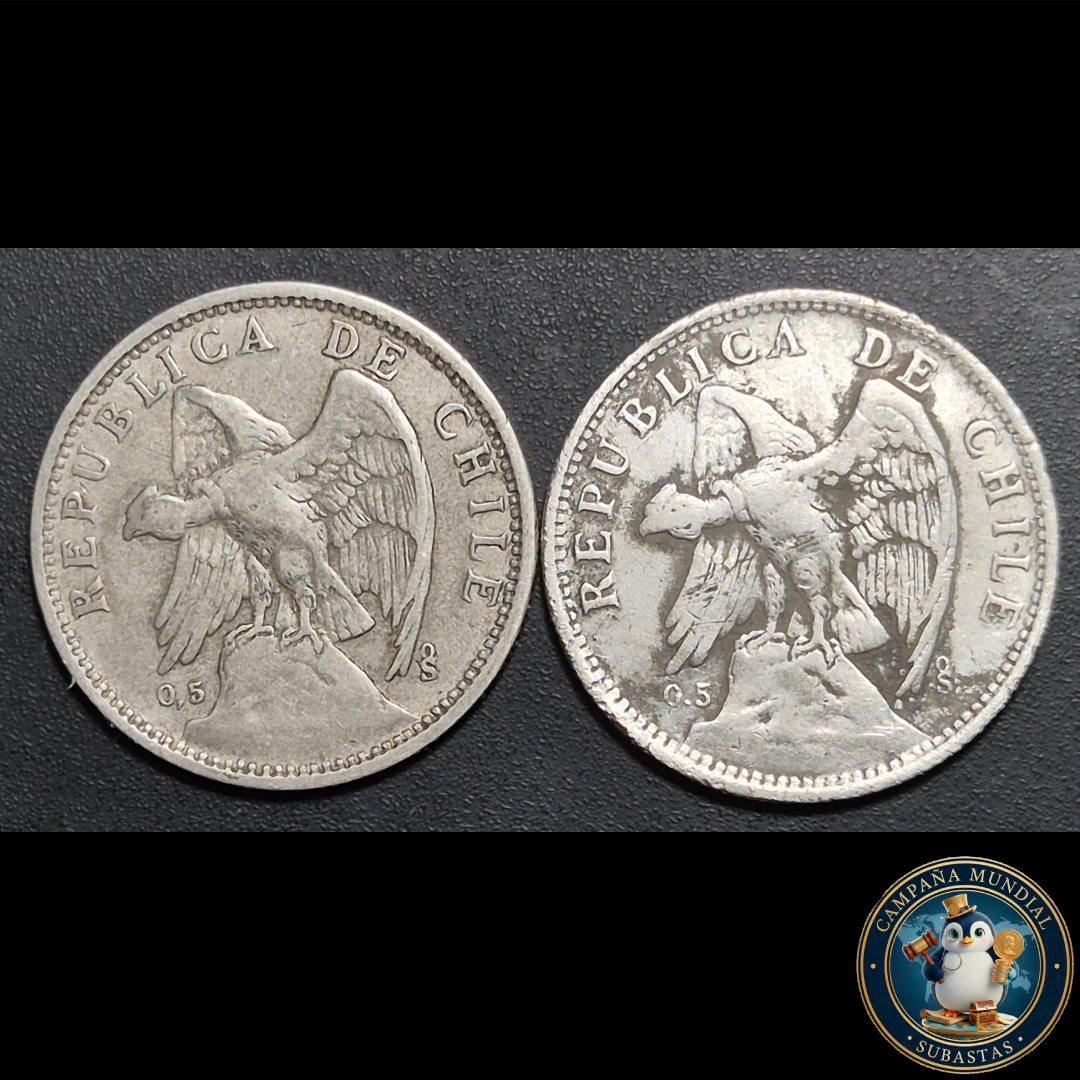 A1019 DOS MONEDAS DE UN PESO DEL AÑO 1927. CON VARIANTES DE UNO MEDIO y UNO GRUESO.  XF/VF     CHILE