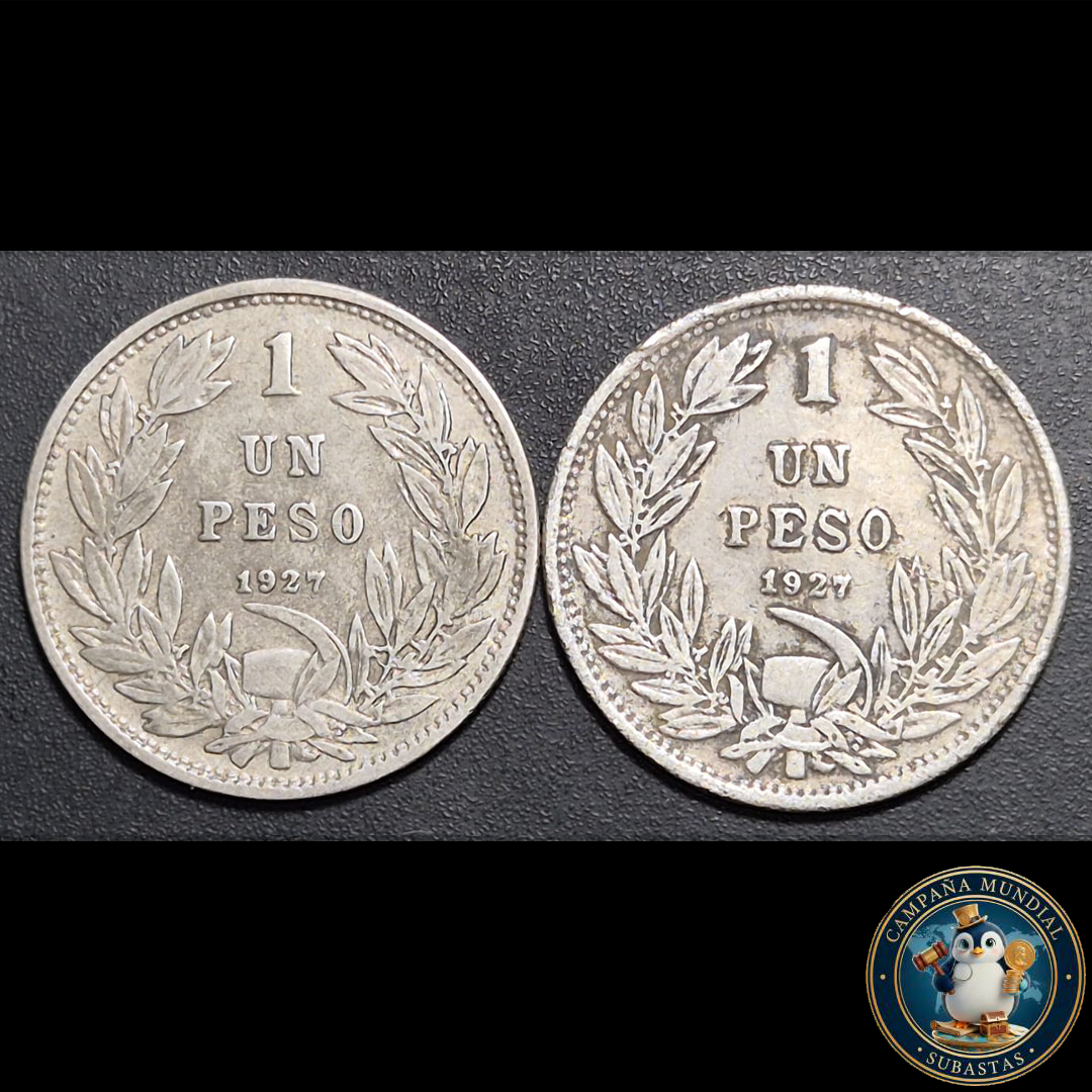 A1019 DOS MONEDAS DE UN PESO DEL AÑO 1927. CON VARIANTES DE UNO MEDIO y UNO GRUESO.  XF/VF     CHILE