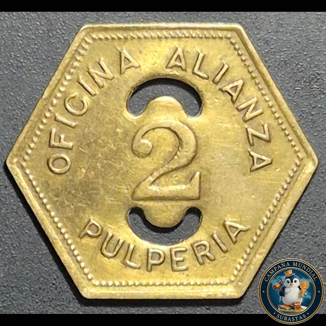 A1024 ""FICHA SALITRERA METALICA DE DOS PESOS. DE LA OFICINA ALIANZA   CHILE""
