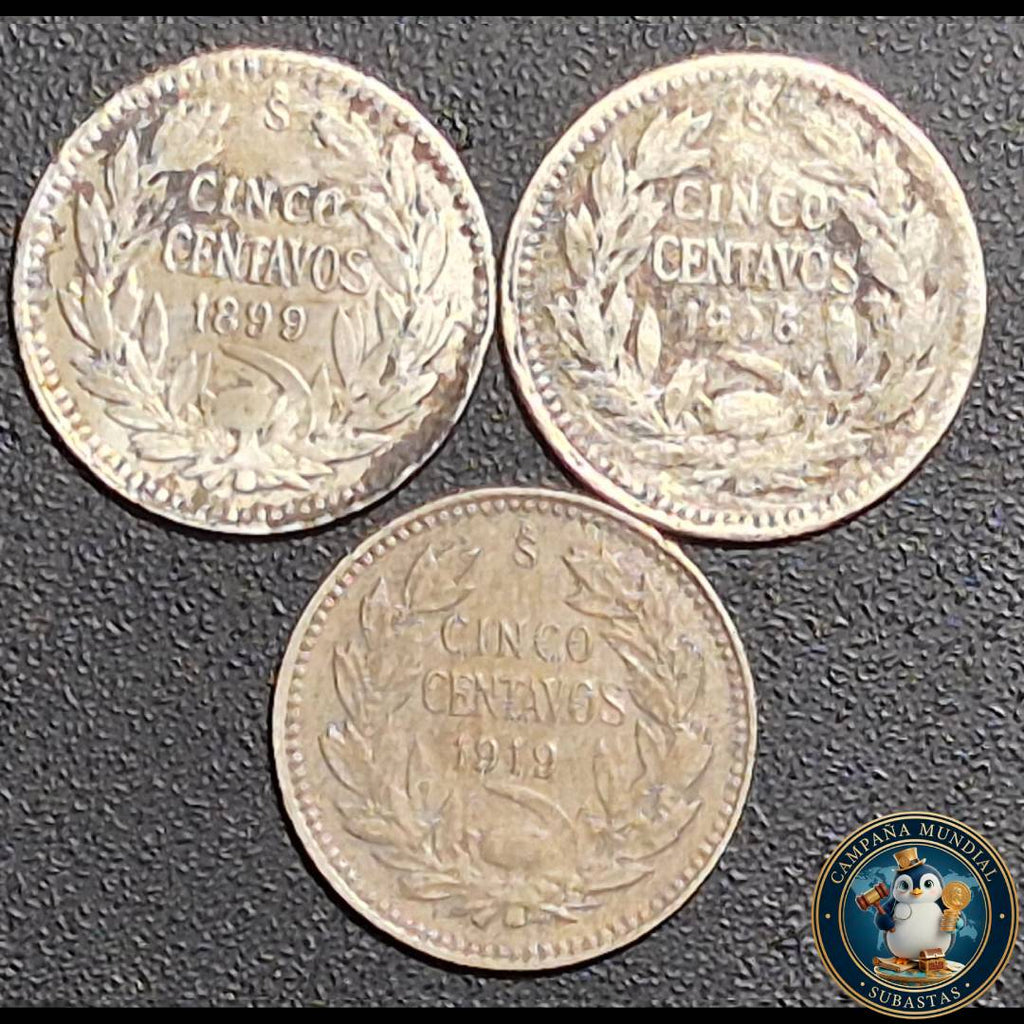 A1028 TRES(3) X MONEDAS DE CINCO CENTAVOS  AÑOS: 1899/1906/1919    VF a  XF     HILE