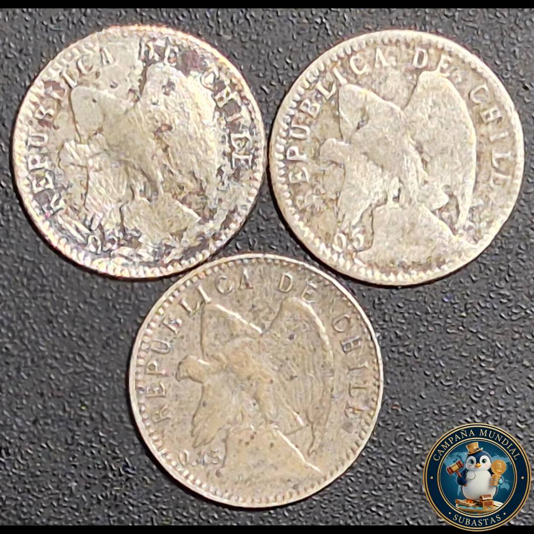 A1028 TRES(3) X MONEDAS DE CINCO CENTAVOS  AÑOS: 1899/1906/1919    VF a  XF     HILE