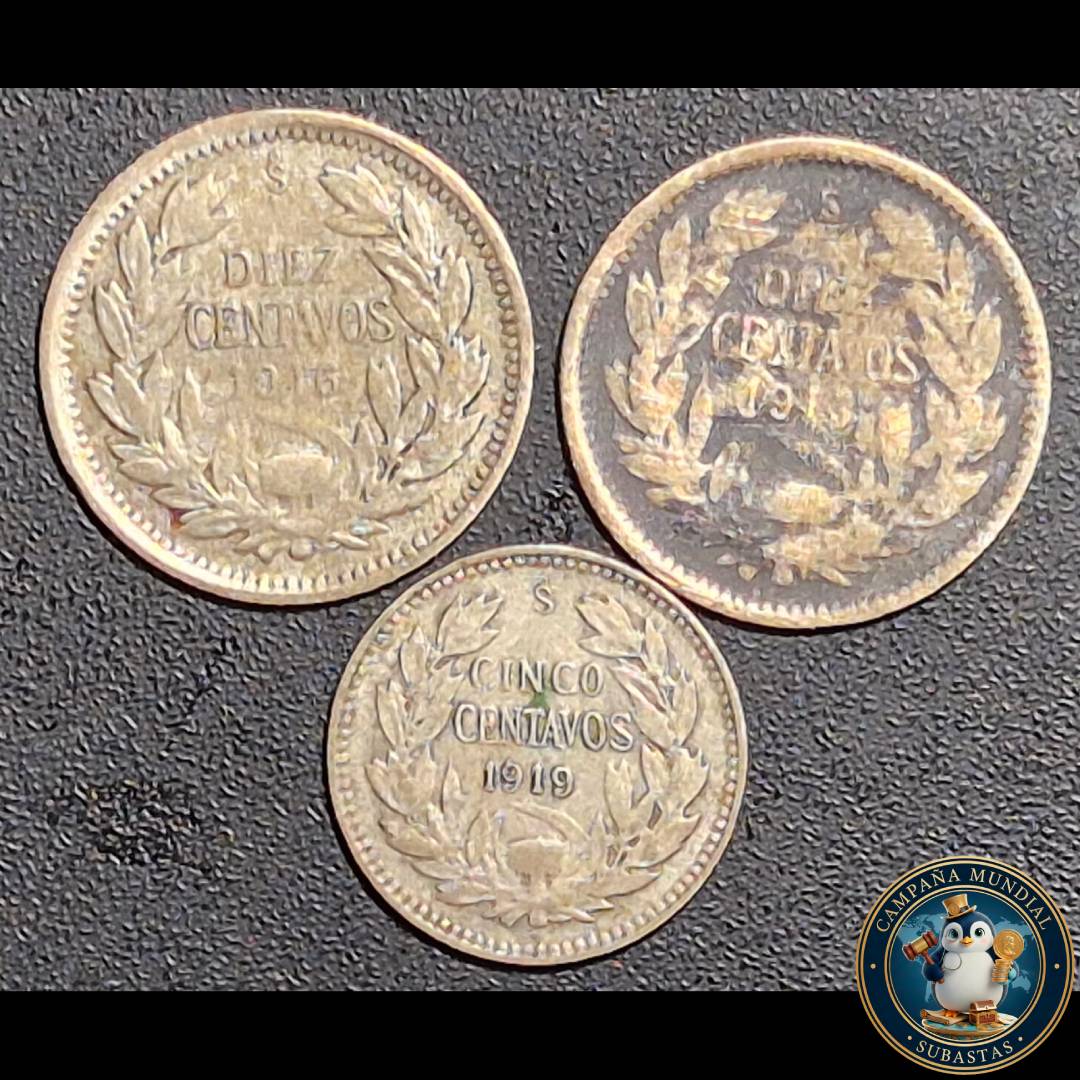 A1029 DOS(2)  MONEDAS DE DIEZ CENTAVOS  AÑOS: 1913/1916 y 5 CENTAVOS AÑO 1919    XF/VF/XF     CHILE