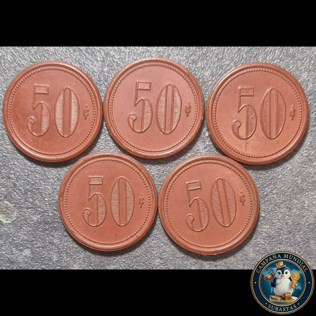 A1030 CINCO FICHAS DE 50 CENTAVOS DE LA SUCESIÓN PEDRO MUÑOZ
