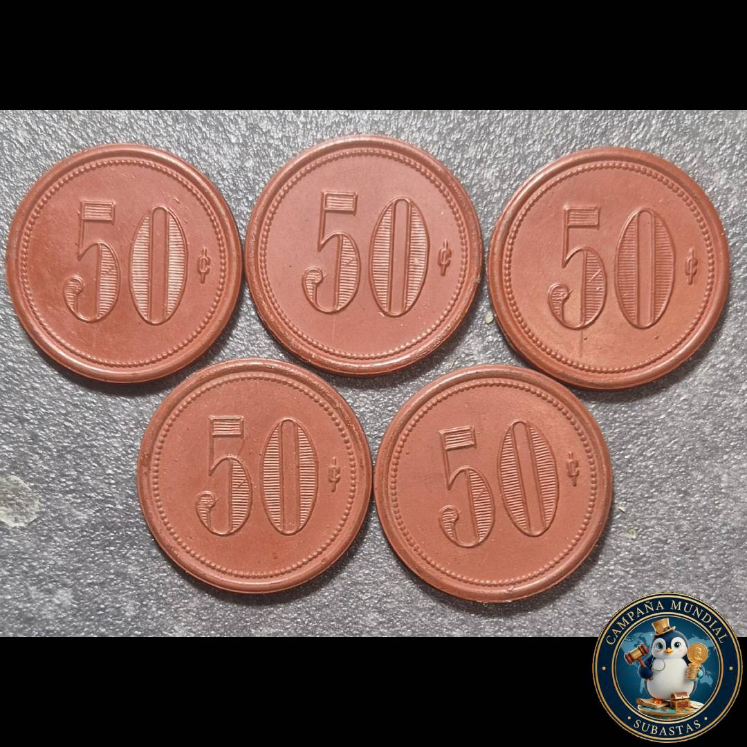 A1030 CINCO FICHAS DE 50 CENTAVOS DE LA SUCESIÓN PEDRO MUÑOZ