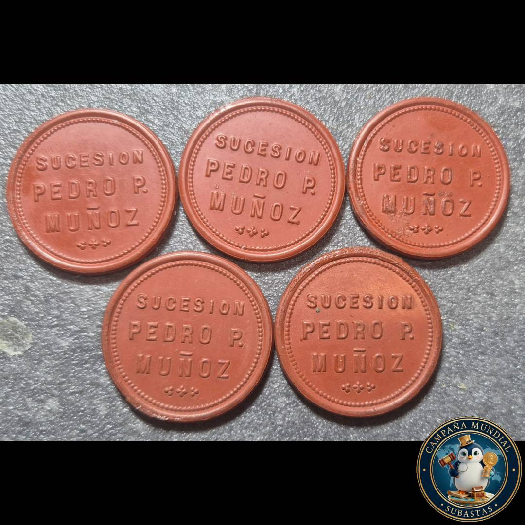 A1030 CINCO FICHAS DE 50 CENTAVOS DE LA SUCESIÓN PEDRO MUÑOZ