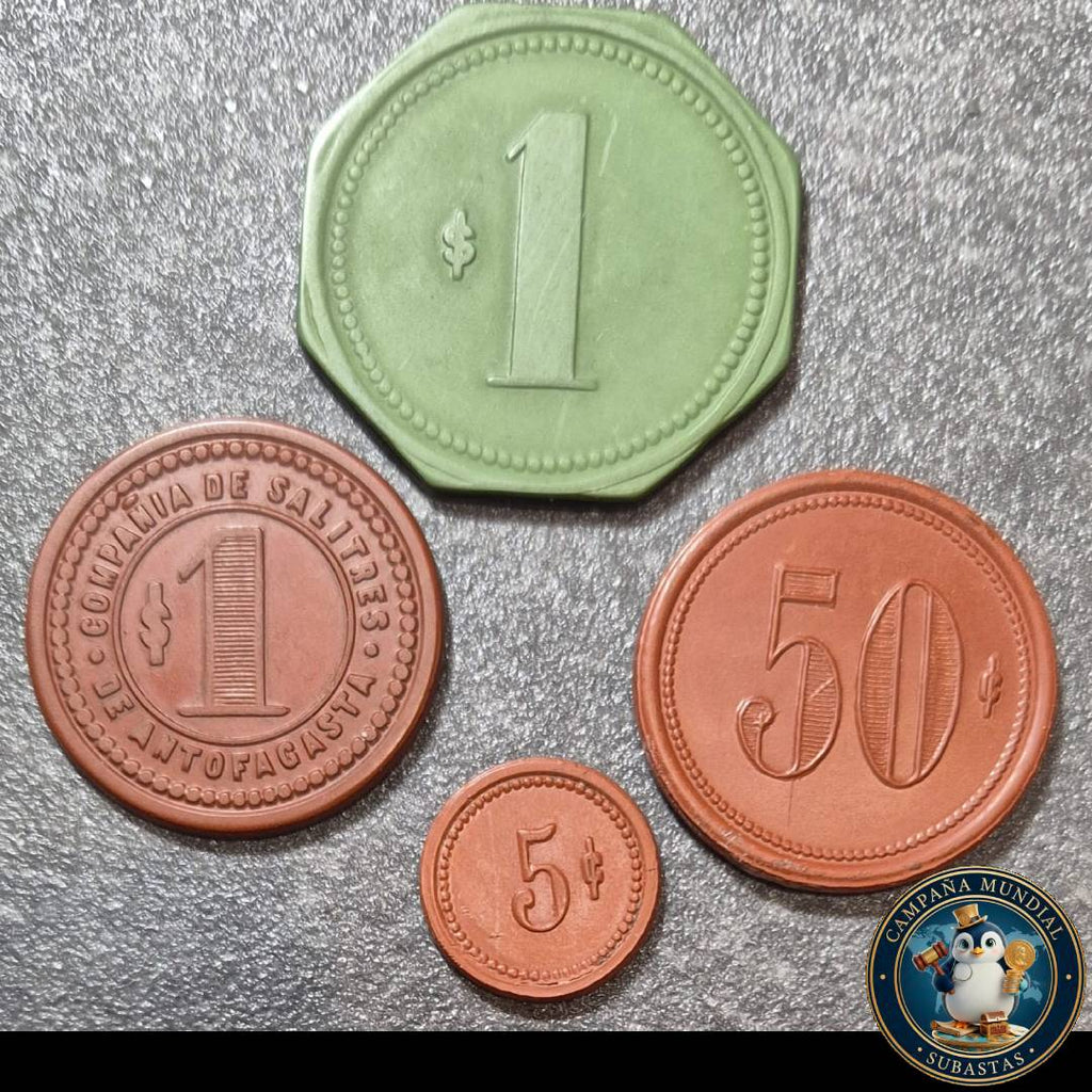 A1031 TRES(3) FICHAS: DOS(2) x FICHAS SALITRERAS DE UN PESO, ANTOFAGASTA - LUISIS y FICHA DE SUCESIÓN PEDRO MUÑOZ DE 50 CENTAVOS  CHILE