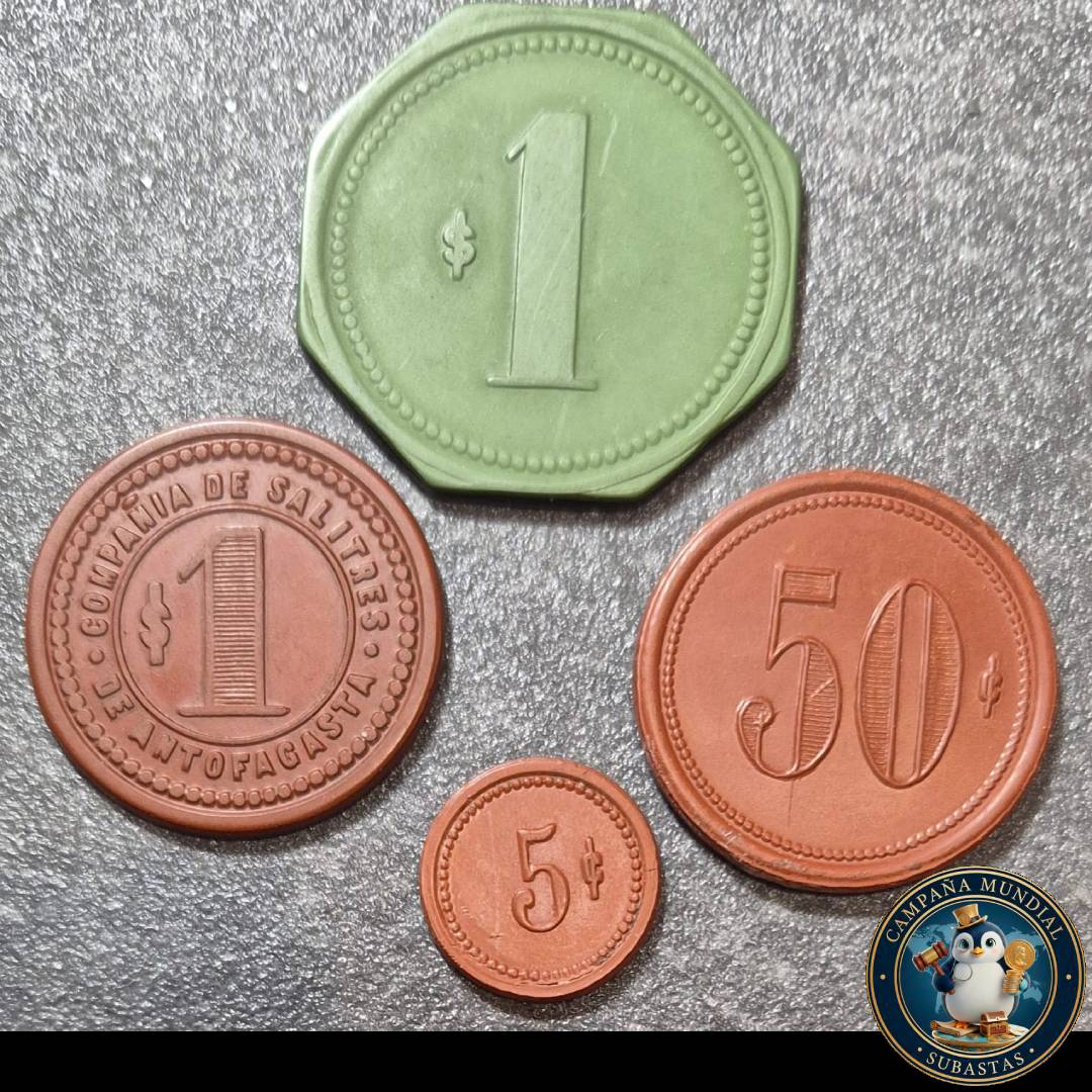 A1031 TRES(3) FICHAS: DOS(2) x FICHAS SALITRERAS DE UN PESO, ANTOFAGASTA - LUISIS y FICHA DE SUCESIÓN PEDRO MUÑOZ DE 50 CENTAVOS  CHILE