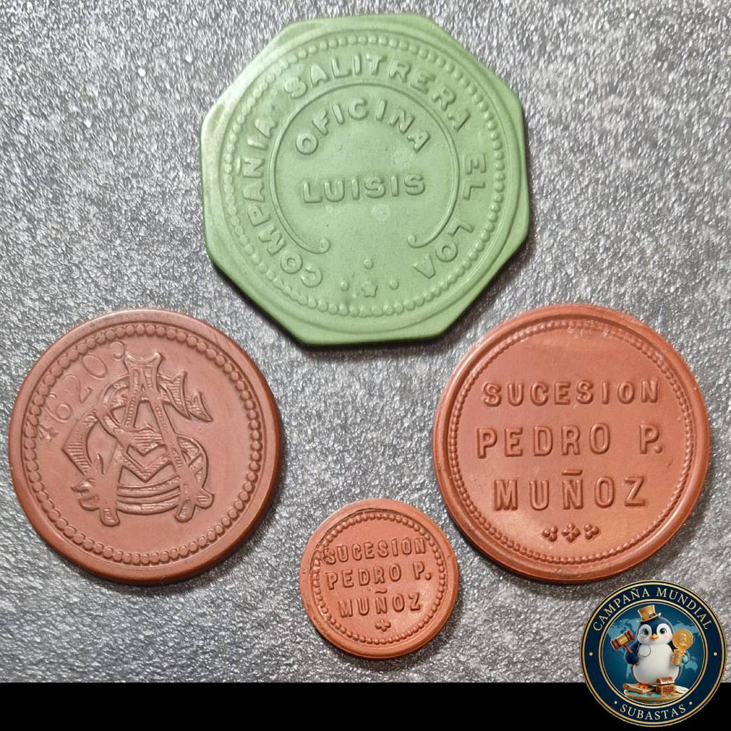 A1031 TRES(3) FICHAS: DOS(2) x FICHAS SALITRERAS DE UN PESO, ANTOFAGASTA - LUISIS y FICHA DE SUCESIÓN PEDRO MUÑOZ DE 50 CENTAVOS  CHILE