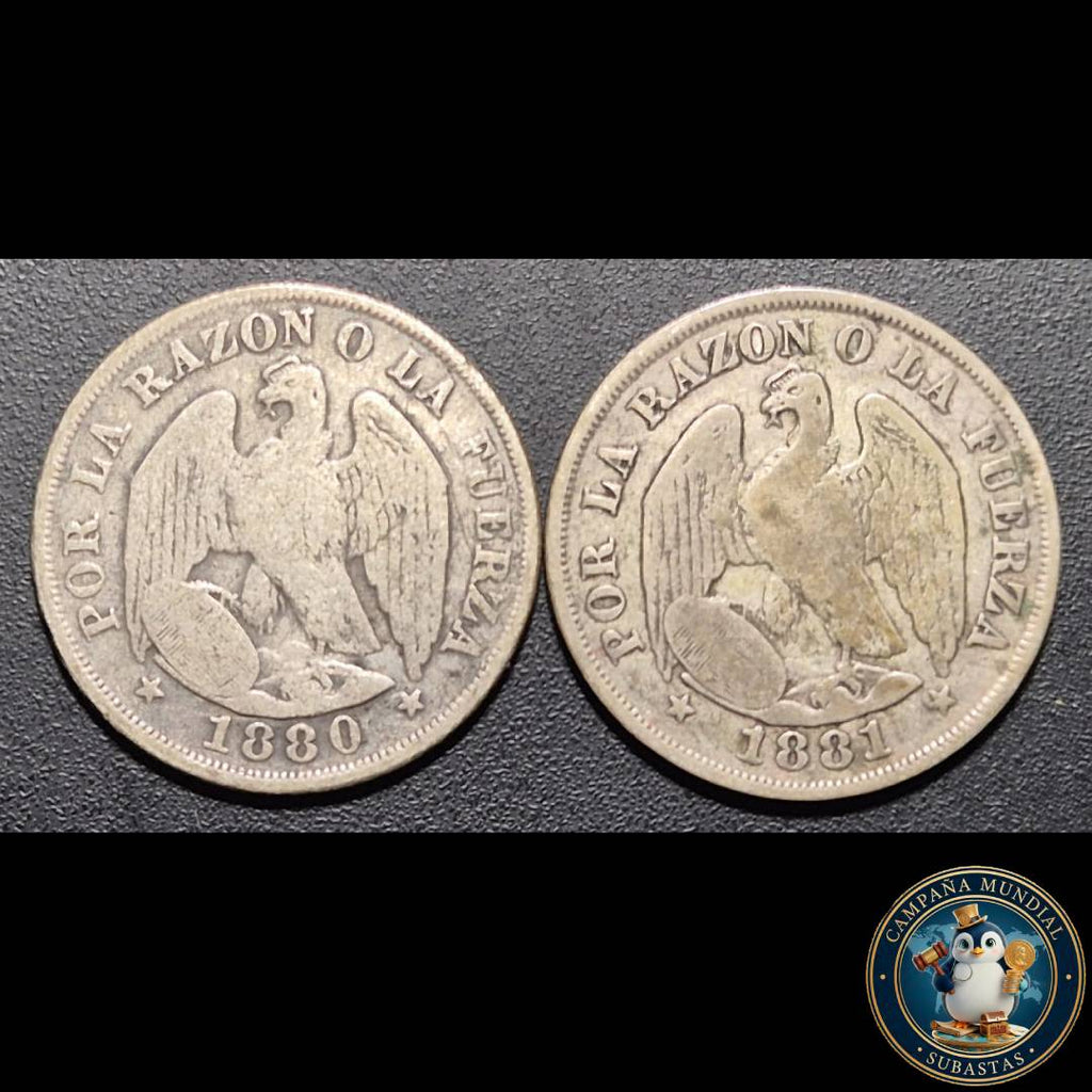 A1037 DOS x MONEDAS DE 20 CENTAVOS AÑOS 1880 y 1881   VF/XF-     CHILE
