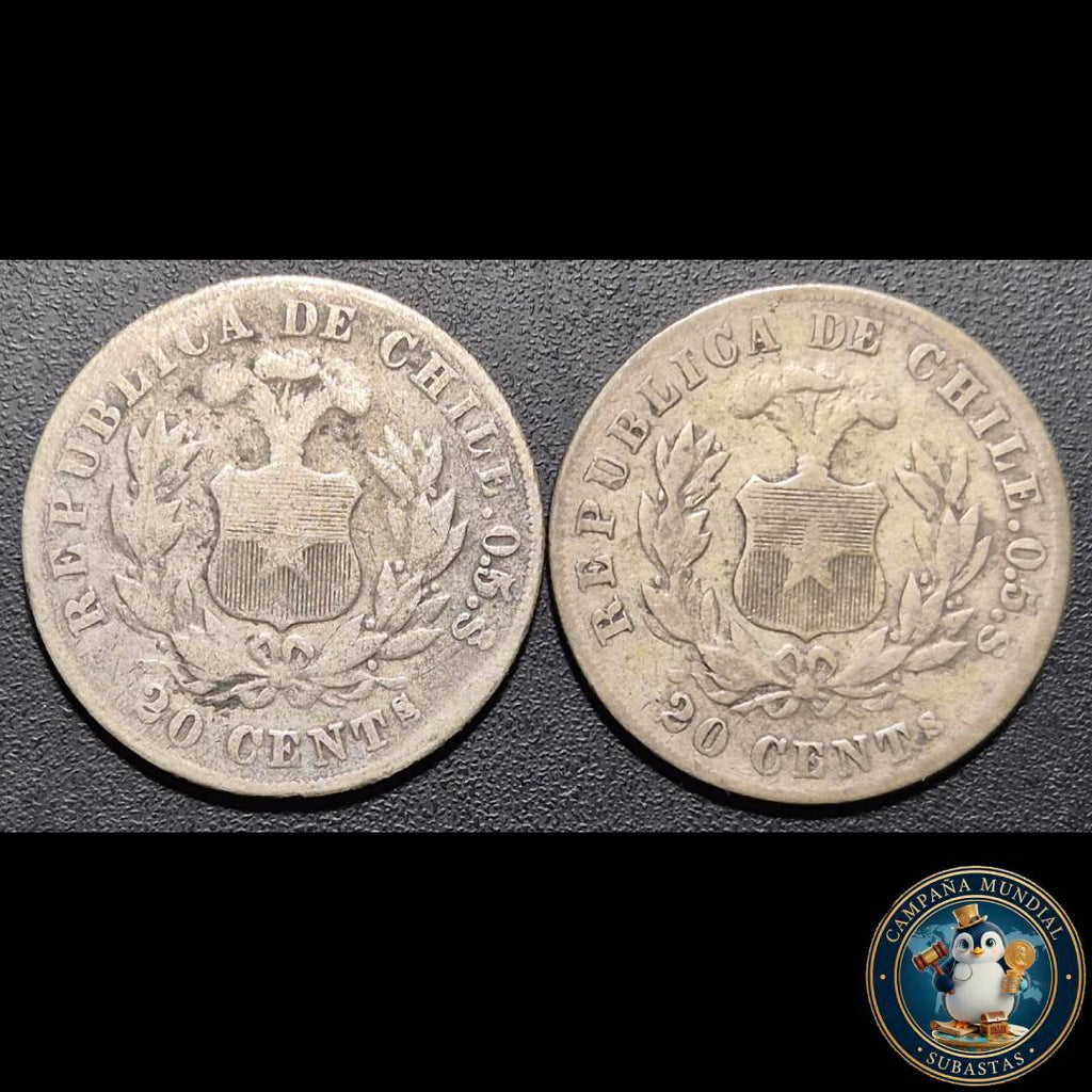 A1037 DOS x MONEDAS DE 20 CENTAVOS AÑOS 1880 y 1881   VF/XF-     CHILE