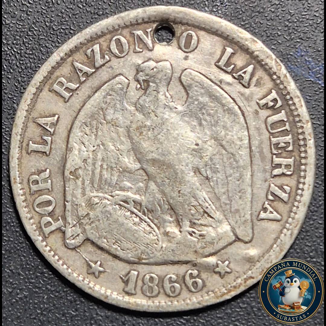 A1039 MONEDA DE VEINTE(20) CENTAVOS PERFORADO (DENOMINADO PECHUGÓN), AÑO 1866   VF-  CHILE