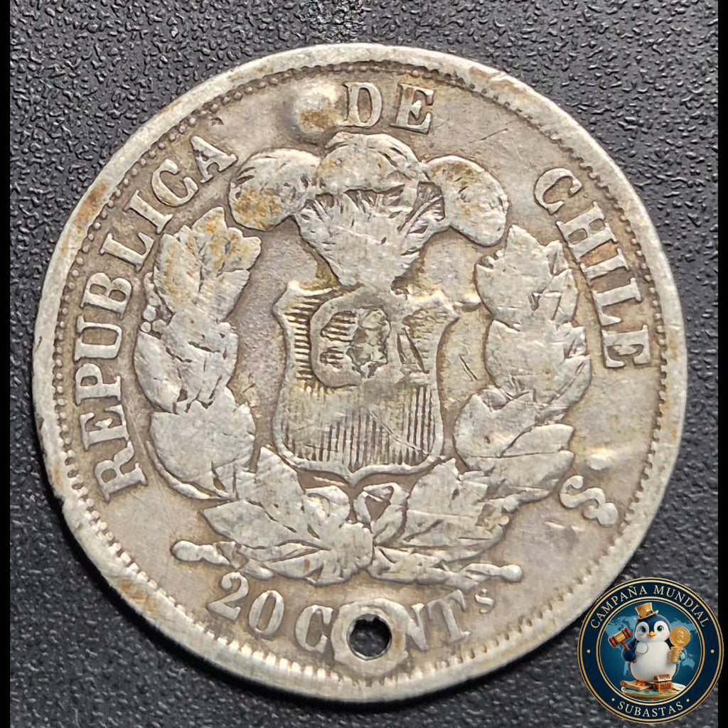 A1039 MONEDA DE VEINTE(20) CENTAVOS PERFORADO (DENOMINADO PECHUGÓN), AÑO 1866   VF-  CHILE
