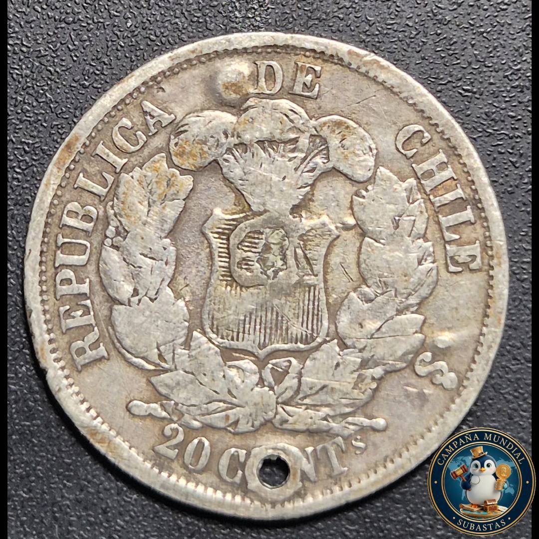 A1039 MONEDA DE VEINTE(20) CENTAVOS PERFORADO (DENOMINADO PECHUGÓN), AÑO 1866   VF-  CHILE