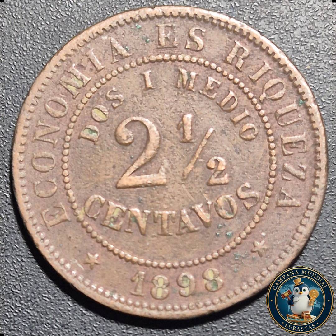 A1049 MONEDA DE DOS y MEDIO CENTAVOS (COBRE)  AÑO: 1898     XF    CHILE