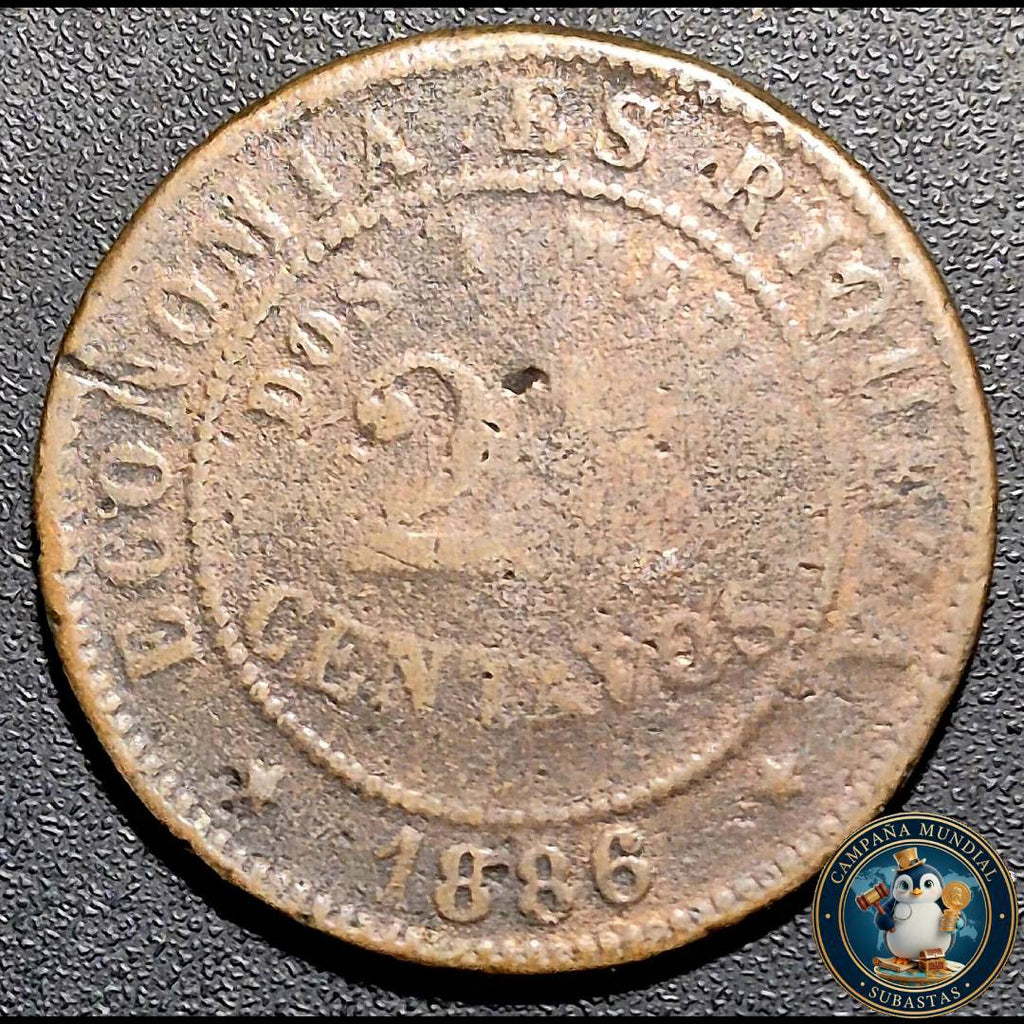 A1050 MONEDA DE DOS y MEDIO CENTAVOS (COBRE)  AÑO: 1886     VF-   CHILE