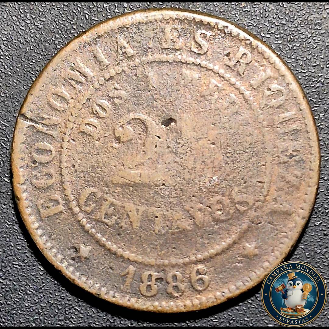A1050 MONEDA DE DOS y MEDIO CENTAVOS (COBRE)  AÑO: 1886     VF-   CHILE
