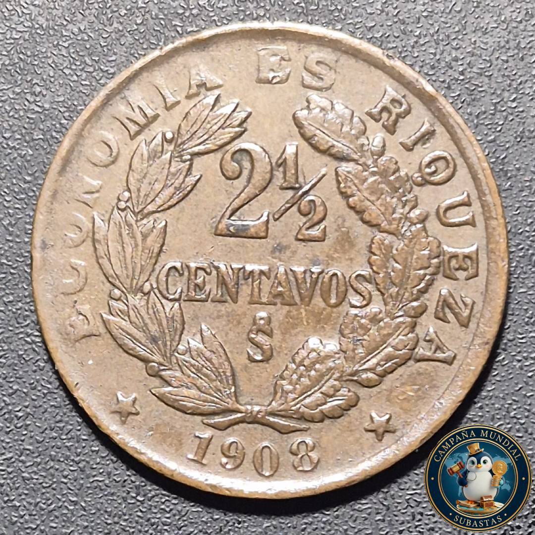 A1051 MONEDA DE DOS y MEDIO CENTAVOS (COBRE)  AÑO: 1908     XF+   CHILE