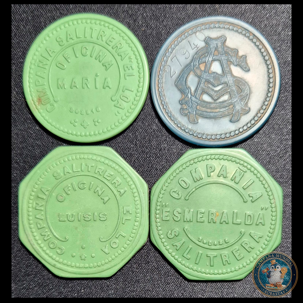 A110 .- CUATRO(4) FICHAS SALITRERAS: MARIA (UN PESO), ANTOFAGASTA (DOS PESOS), LUISIS (UN PESO), ESMERALDA (UN PESO)  CHILE