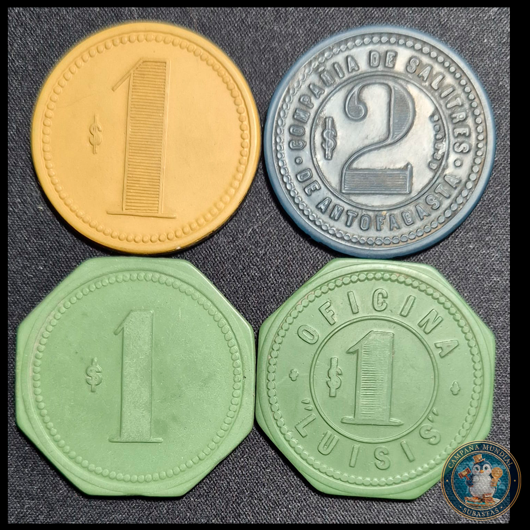 A110 .- CUATRO(4) FICHAS SALITRERAS: MARIA (UN PESO), ANTOFAGASTA (DOS PESOS), LUISIS (UN PESO), ESMERALDA (UN PESO)  CHILE