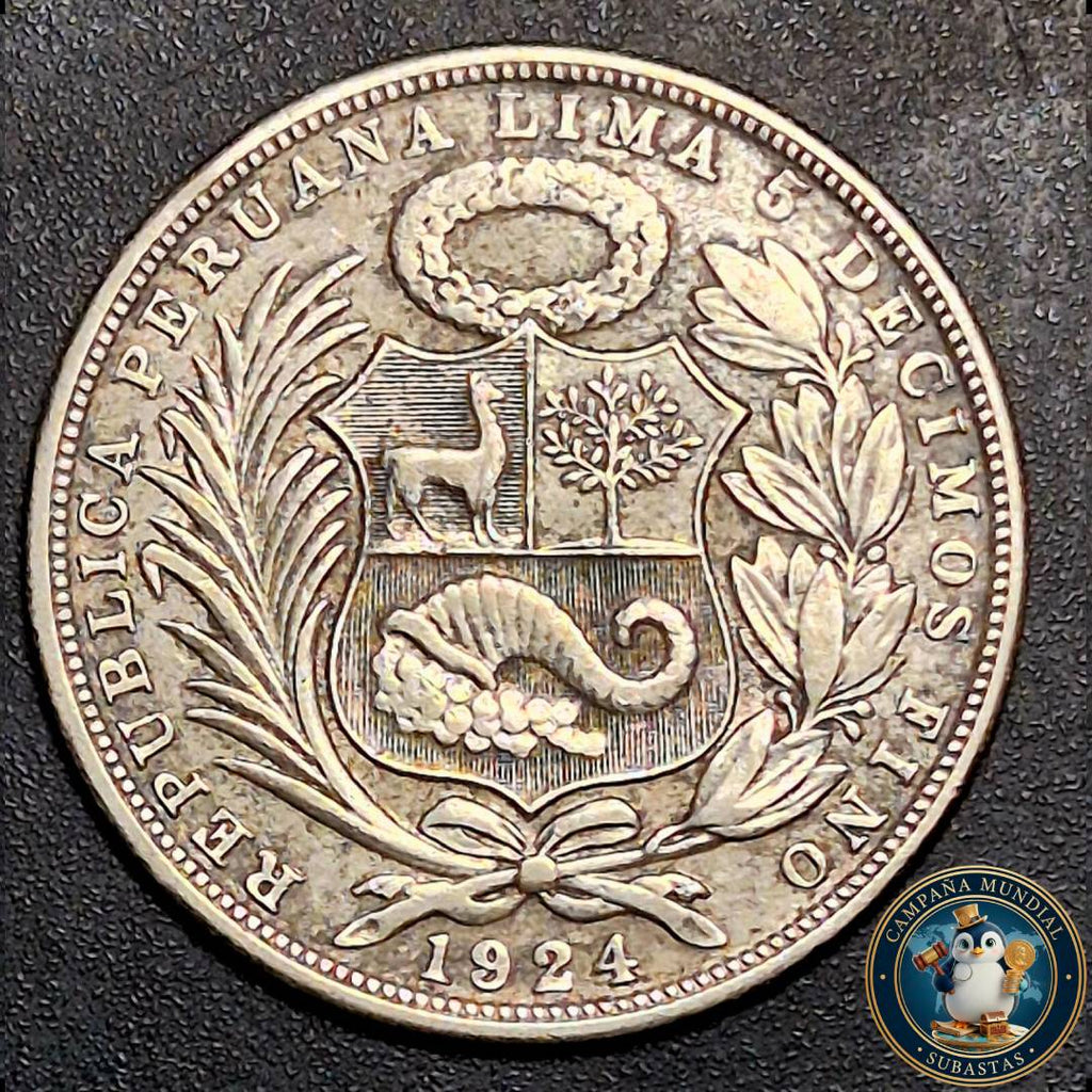 B1100 MONEDA DE 5 DECIMOS DE FINO,   PLATA 0.5 UN SOL DE PERÚ. AÑO: 1924  XF-     PERÚ