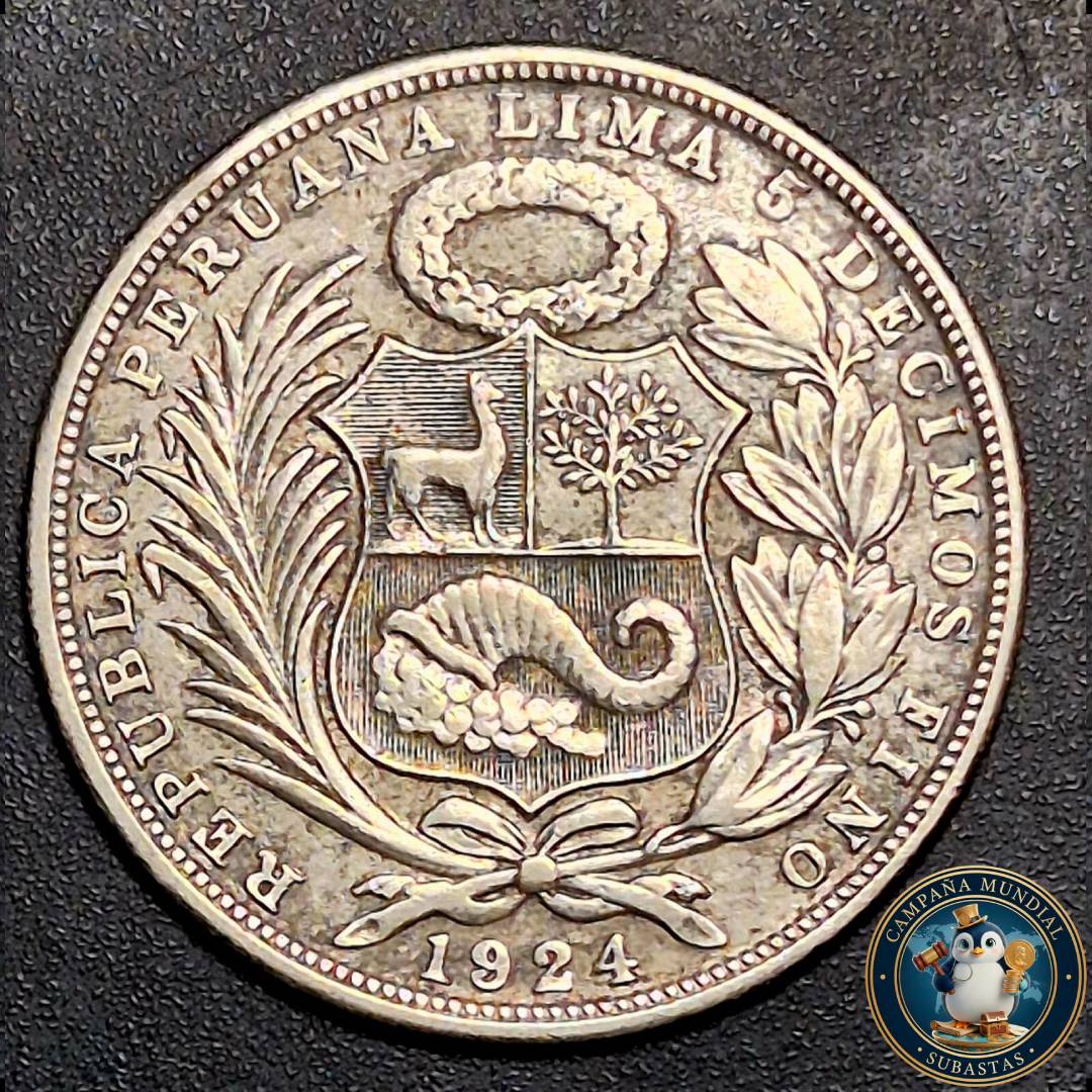 B1100 MONEDA DE 5 DECIMOS DE FINO,   PLATA 0.5 UN SOL DE PERÚ. AÑO: 1924  XF-     PERÚ
