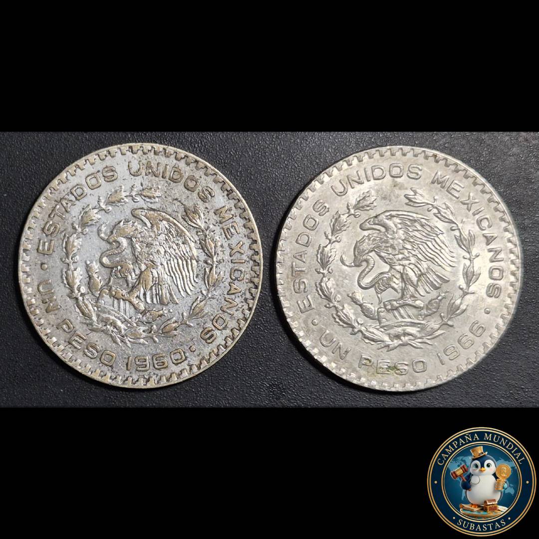 B1101 DOS x MONEDAS DE UN PESO MEXICANO: AÑOS 1960/1966  PLATA LEY 0,1   VF/XF    MEXICO