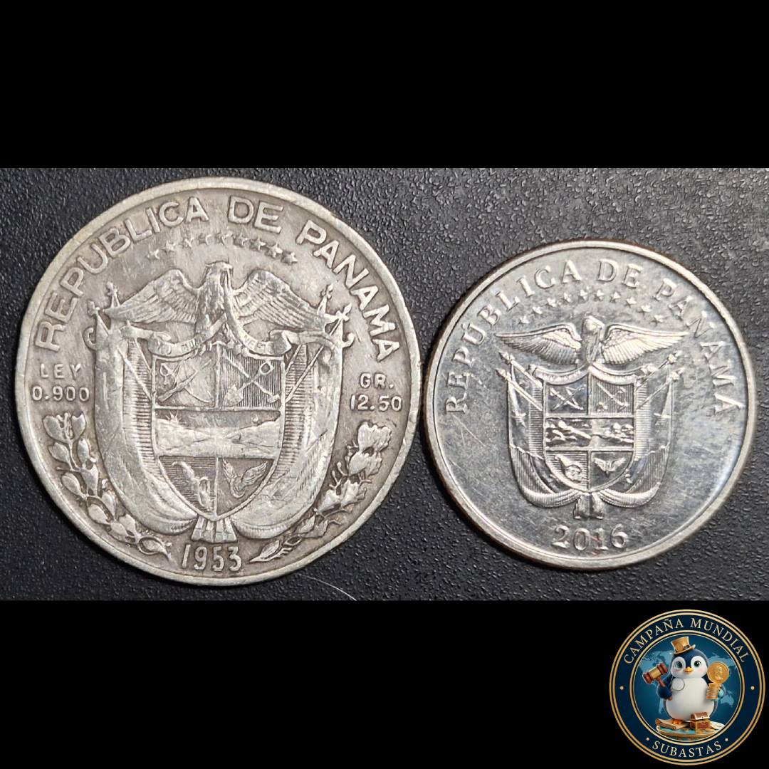 B1103 DOS x MONEDAS DE PANAMÁ. MONEDA DE MEDIO BALBOA AÑO: 1953 PLATA, LEY 0,9 y UN CUARTO DE BALBOA AÑO 2016 CON TRES COLORES. XF-/XF-    PANAMÁ