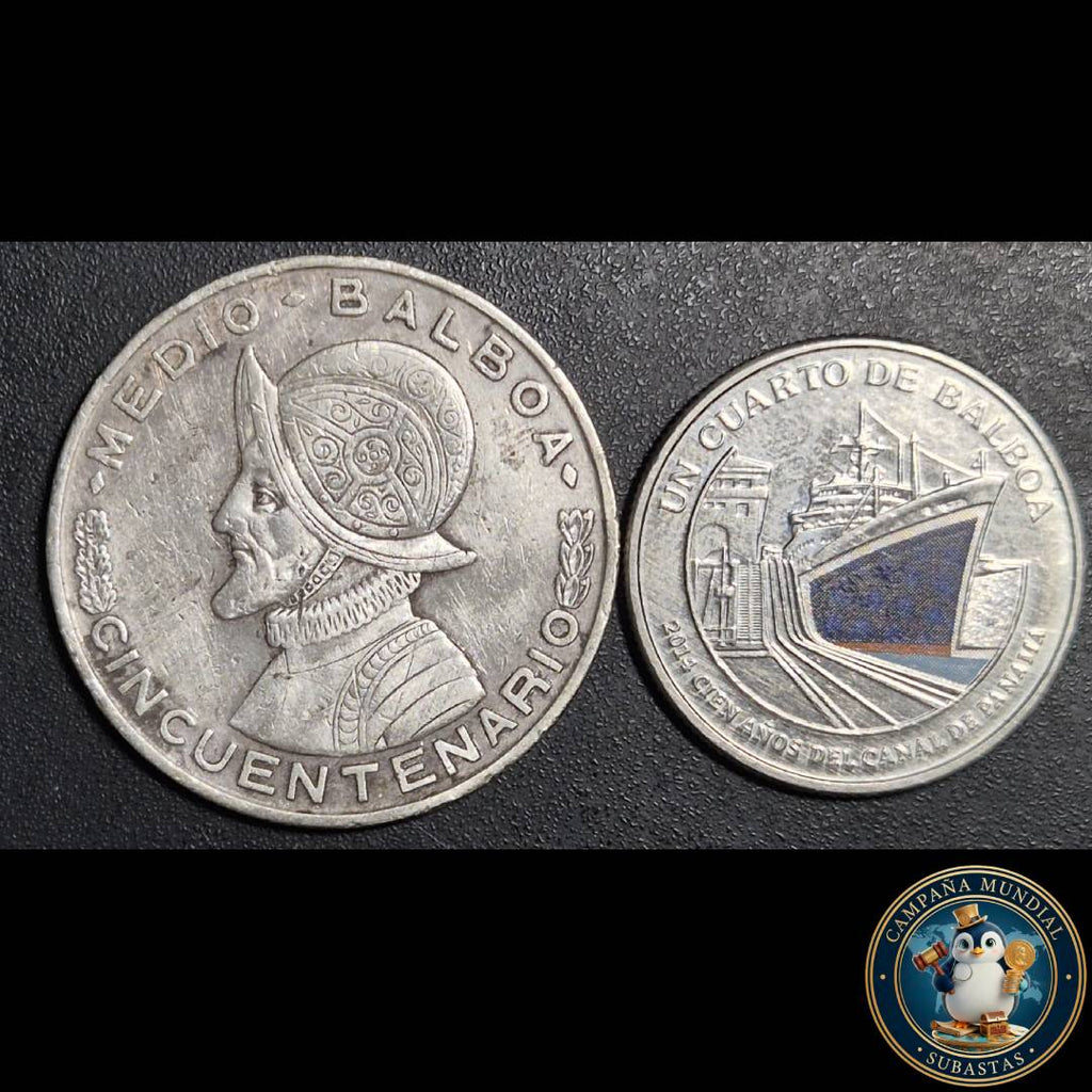B1103 DOS x MONEDAS DE PANAMÁ. MONEDA DE MEDIO BALBOA AÑO: 1953 PLATA, LEY 0,9 y UN CUARTO DE BALBOA AÑO 2016 CON TRES COLORES. XF-/XF-    PANAMÁ