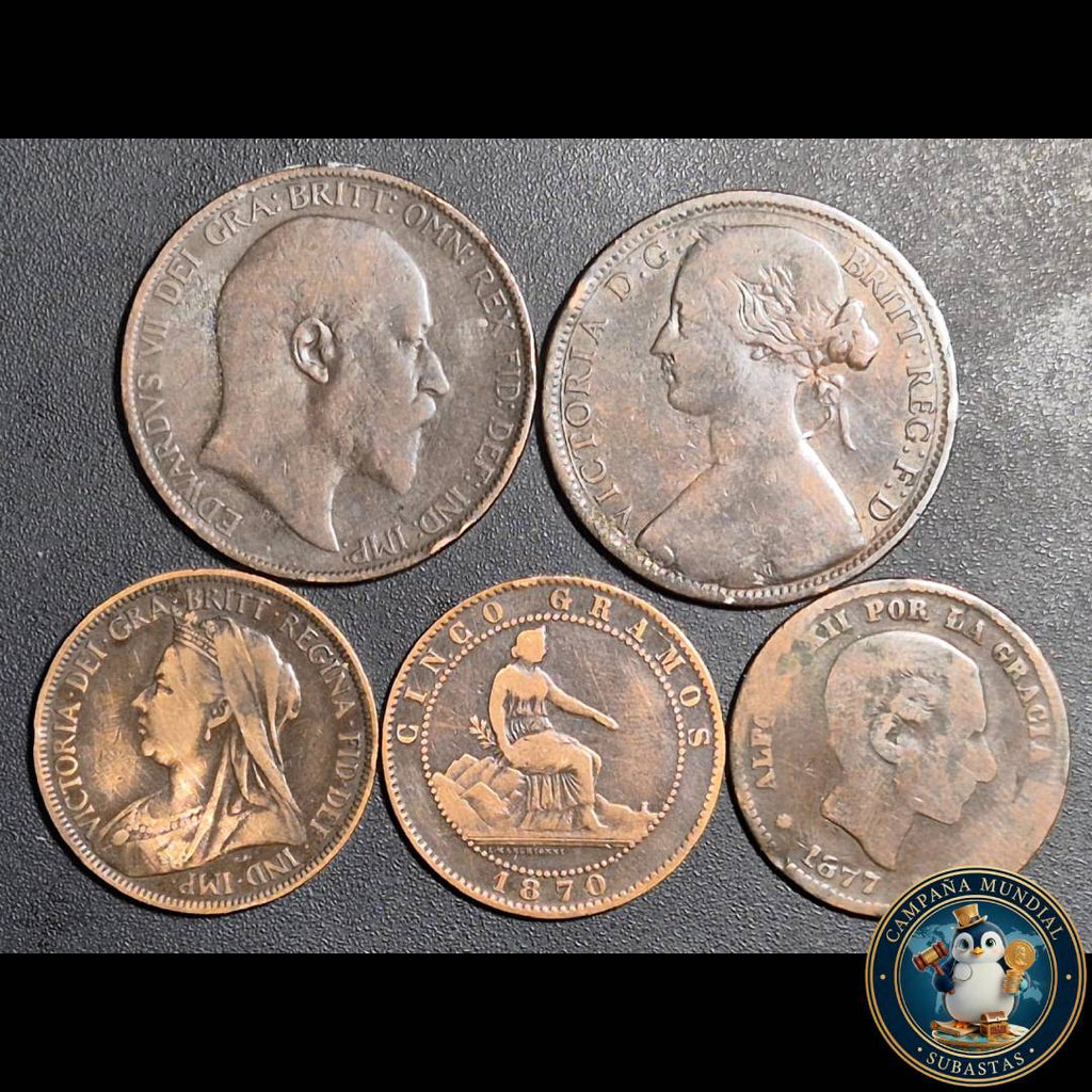 B1104 CINCO x MONEDAS DE COBRE VARIOS INGLESES Y ESPAÑOLES (SEGÚN FOTO)  VF A XF     REINO UNIDO/ESPAÑA