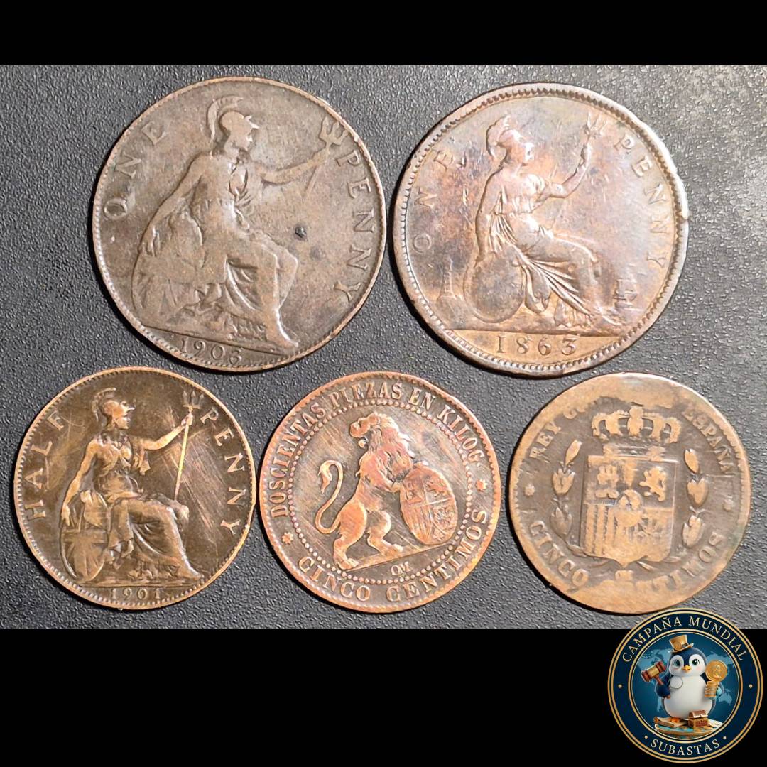 B1104 CINCO x MONEDAS DE COBRE VARIOS INGLESES Y ESPAÑOLES (SEGÚN FOTO)  VF A XF     REINO UNIDO/ESPAÑA