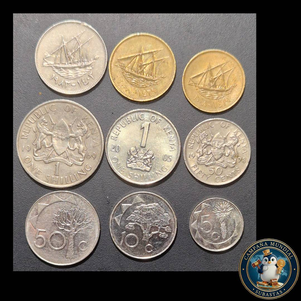 B1131 LOTE DE NUEVE MONEDAS: TRES(3) DE KUWAIT, TRES(3) DE KENYA. TRES(3) DE NAMIBIA (VER FOTOS)  VF a XF   KUWAIT, KENIA, NAMIBIA