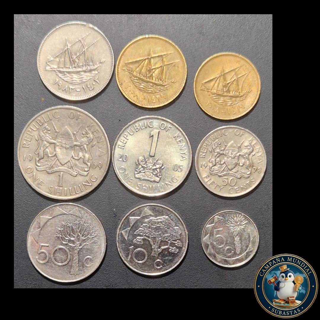 B1131 LOTE DE NUEVE MONEDAS: TRES(3) DE KUWAIT, TRES(3) DE KENYA. TRES(3) DE NAMIBIA (VER FOTOS)  VF a XF   KUWAIT, KENIA, NAMIBIA