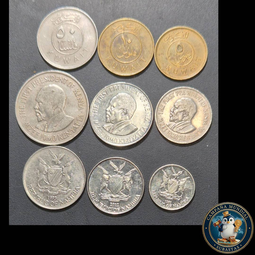 B1131 LOTE DE NUEVE MONEDAS: TRES(3) DE KUWAIT, TRES(3) DE KENYA. TRES(3) DE NAMIBIA (VER FOTOS)  VF a XF   KUWAIT, KENIA, NAMIBIA