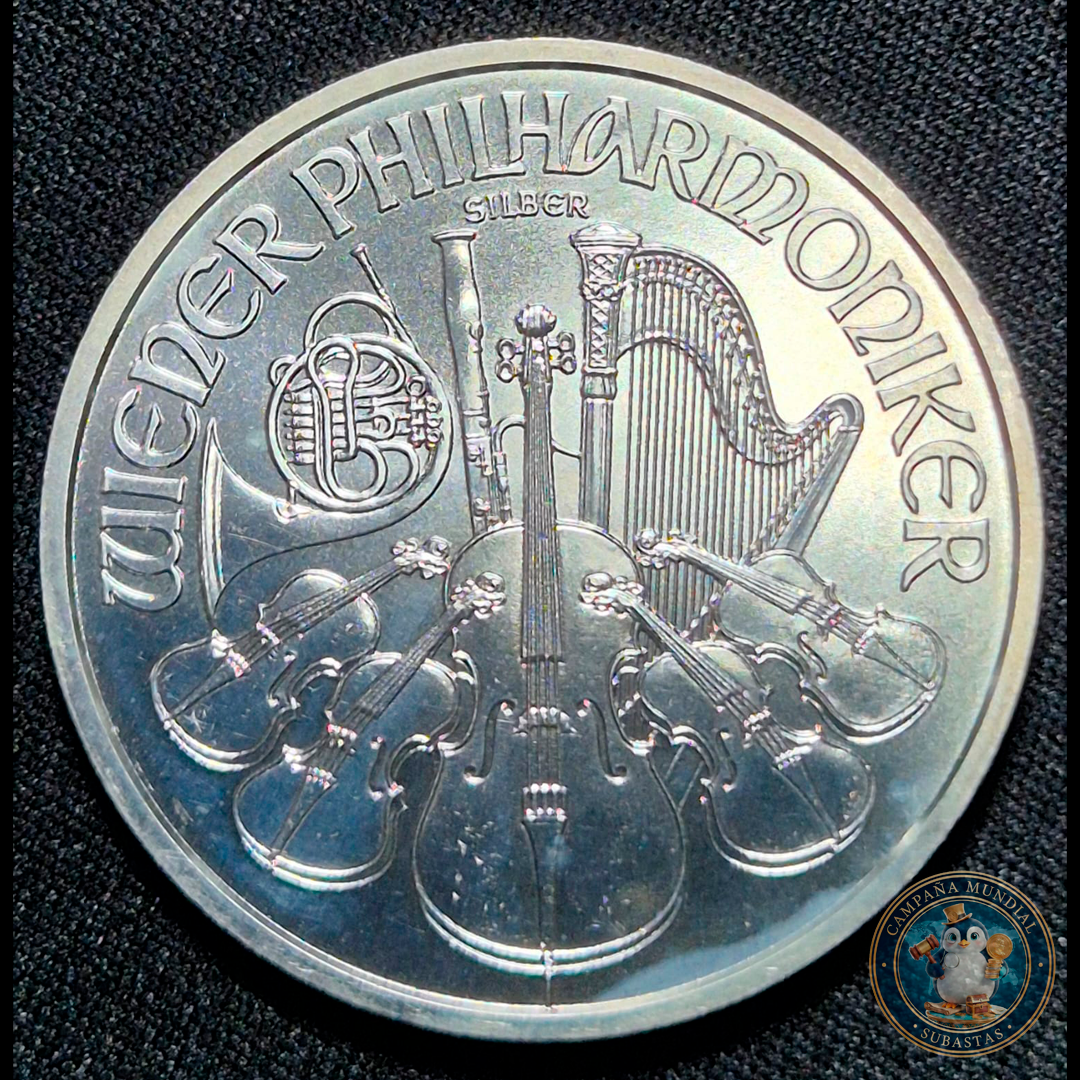 B209 .- MONEDA DE UNA ONZA CON INSTRUMENTOS MUSICALES  Y SALA FILARMONICA AUSTRIACA, EN ADVERSO Y REVERSO. PLATA LEY: 0.9  ESTADO: UNC   AUSTRIA