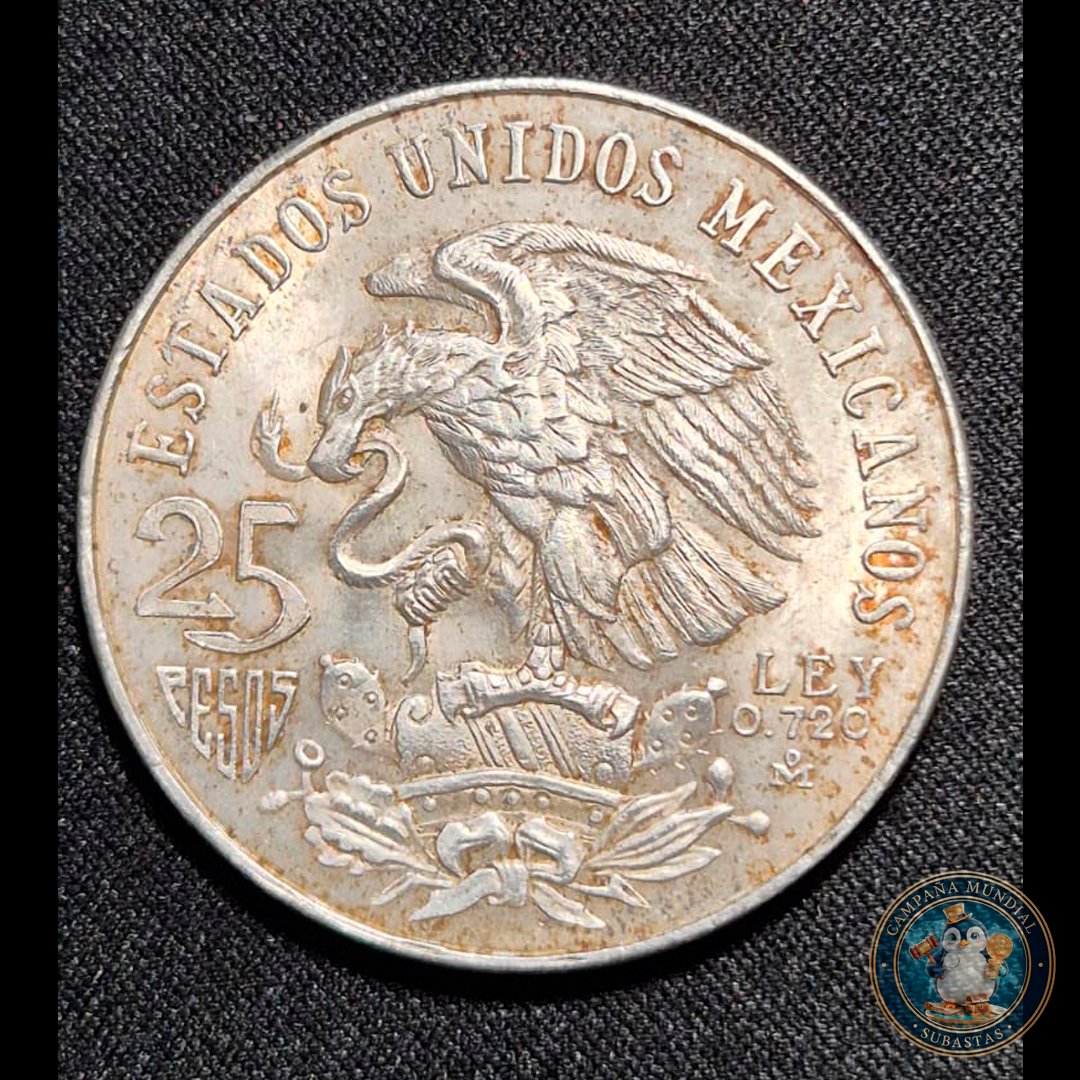 B212 .- MONEDA MEXICANA DE 25 PESOS  AÑO: 1968  PLATA: 0.72  22.4Gr   XF   MÉXICO