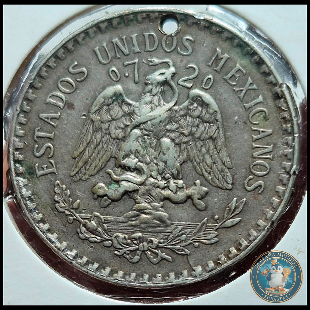 B214 .- MONEDA DE UN PESO MEXICANO AÑO: 1924  16.1Gr. LEY: 0.72   PERFORADA, VF   MEXICO