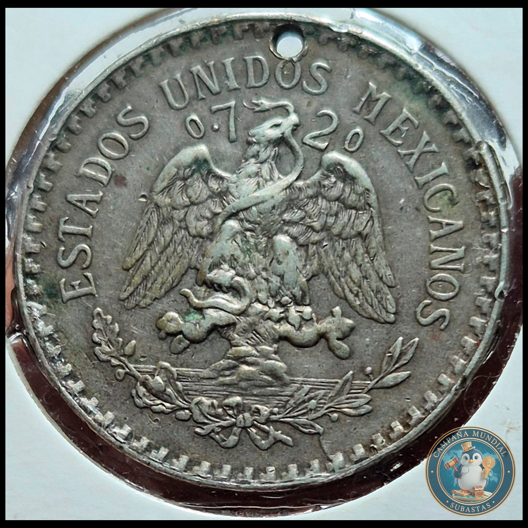 B214 .- MONEDA DE UN PESO MEXICANO AÑO: 1924  16.1Gr. LEY: 0.72   PERFORADA, VF   MEXICO