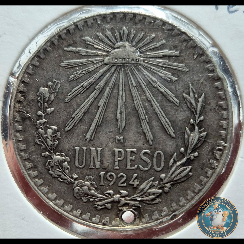 B214 .- MONEDA DE UN PESO MEXICANO AÑO: 1924  16.1Gr. LEY: 0.72   PERFORADA, VF   MEXICO