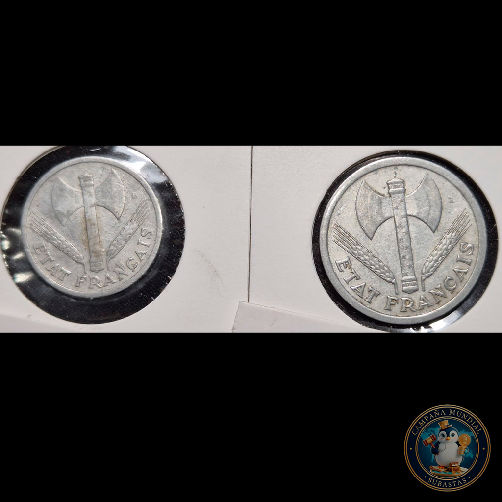 B220 .- DOS MONEDAS DE UNO Y DOS FRANCOS (DE LA FRANCIA DE VICHI). ALUMINIO  AÑO: 1943/1943  VF+/XF  FRANCIA