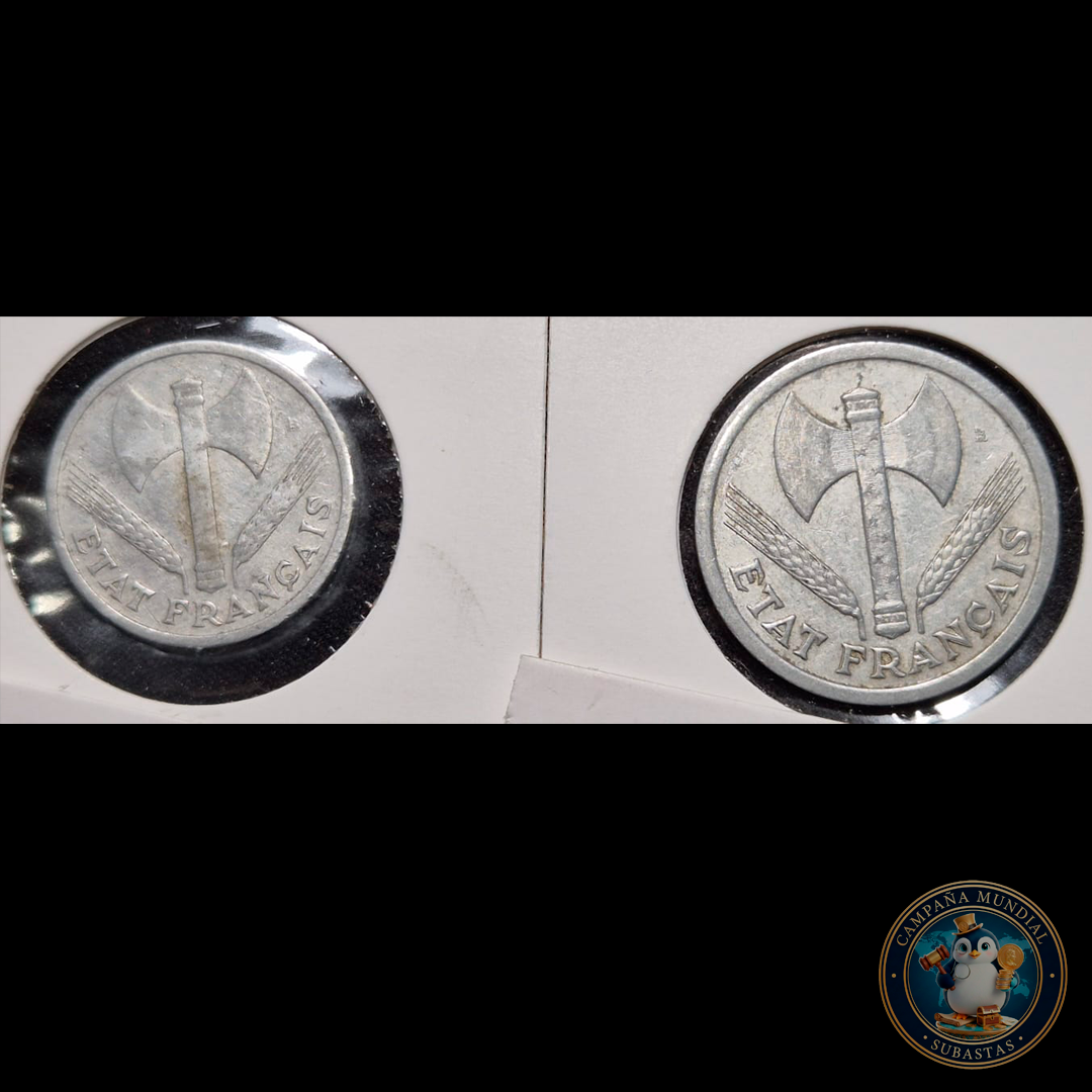 B220 .- DOS MONEDAS DE UNO Y DOS FRANCOS (DE LA FRANCIA DE VICHI). ALUMINIO  AÑO: 1943/1943  VF+/XF  FRANCIA