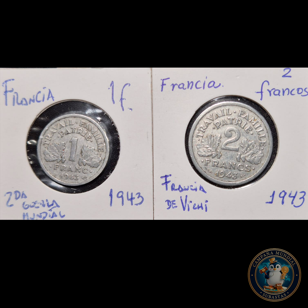 B220 .- DOS MONEDAS DE UNO Y DOS FRANCOS (DE LA FRANCIA DE VICHI). ALUMINIO  AÑO: 1943/1943  VF+/XF  FRANCIA
